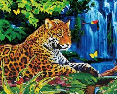550 грн  Алмазная мозаика GZS1042 Леопард у водопада Раскраска-мозаика, набор для творчества