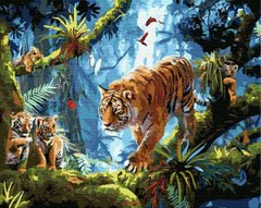 255 грн  Живопис за номерами BK-GX33201 Картина-розмальовка за номерами Тигрине сімейство в джунглях