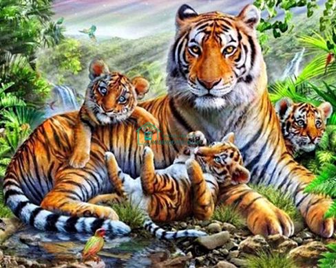 599 грн  Алмазная мозаика TN1003 Набор алмазной мозаики на подрамнике Тигрица с тигрятами