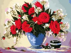 339 грн  Живопись по номерам VK091 Раскраска по номерам Розы в синей вазе