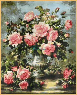 639 грн  Алмазная мозаика ST1117 Розовые розы в серебряной вазе Набор алмазной вышивки на подрамнике