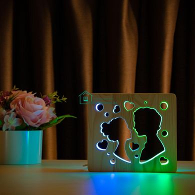 Світильник нічник ArtEco Light з дерева LED Поцілунок, з пультом та регулюванням кольору, подвійний RGB