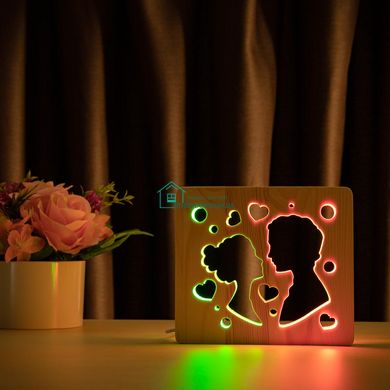Светильник ночник ArtEco Light из дерева LED Поцелуй, с пультом и регулировкой цвета, двойной RGB