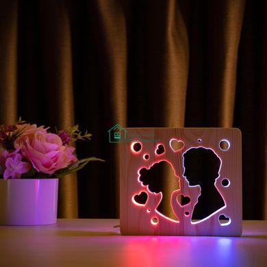 Світильник нічник ArtEco Light з дерева LED Поцілунок, з пультом та регулюванням кольору, подвійний RGB