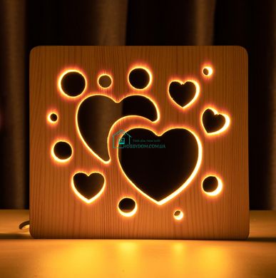 Світильник нічник ArtEco Light з дерева LED Сердечка, з пультом та регулюванням світла, колір теплий білий
