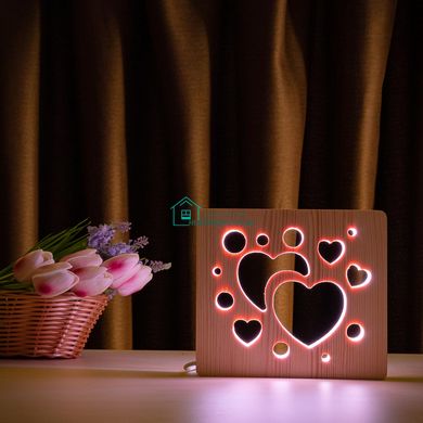 Светильник ночник ArtEco Light из дерева LED Сердечки, с пультом и регулировкой цвета, RGB