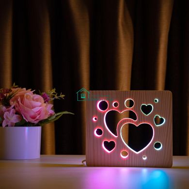 Светильник ночник ArtEco Light из дерева LED Сердечки, с пультом и регулировкой цвета, двойной RGB