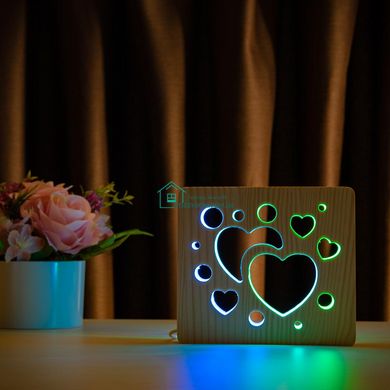 Світильник нічник ArtEco Light з дерева LED Сердечка, з пультом та регулюванням кольору, подвійний RGB