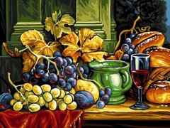 339 грн  Живопись по номерам VK081 Раскраска по номерам Натюрморт с хлебом и виноградом