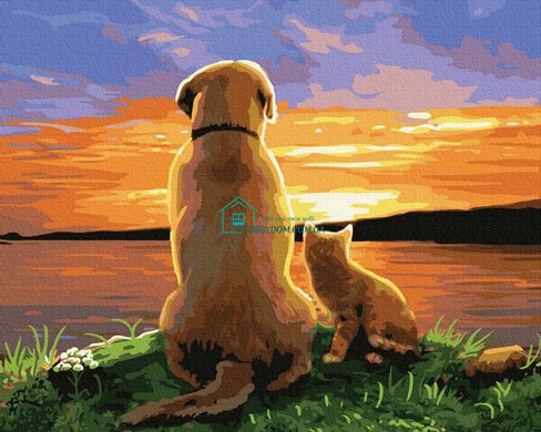 279 грн  Живопис за номерами BK-GX34574 Картина для малювання за номерами Песик з кошеням на заході сонця