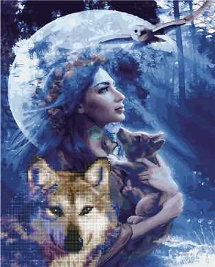 550 грн  Алмазная мозаика GZS1171 Раскраска-мозаика, набор для творчества на подрамнике Девушка с волками