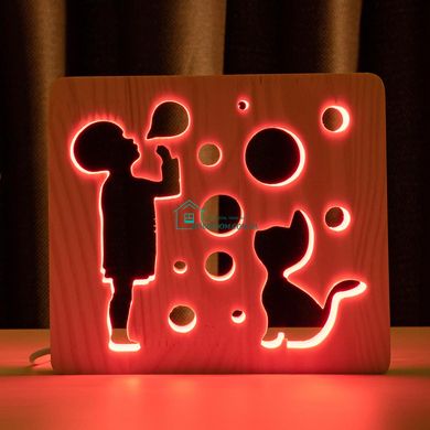 Светильник ночник ArtEco Light из дерева LED Мальчик и пузыри, с пультом и регулировкой цвета, RGB