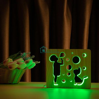 Світильник нічник ArtEco Light з дерева LED Хлопчик і бульбашки, з пультом та регулюванням кольору, RGB