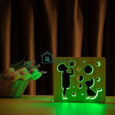 Світильник нічник ArtEco Light з дерева LED Хлопчик і бульбашки, з пультом та регулюванням кольору, RGB