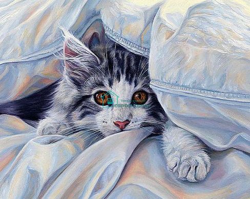 770 грн  Алмазная мозаика DMP-143 Набор алмазной живописи на подрамнике Кошка под одеялом