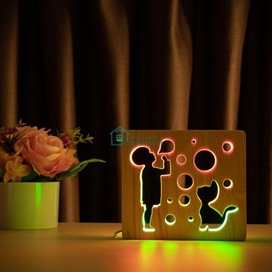 Светильник ночник ArtEco Light из дерева LED Мальчик и пузыри, с пультом и регулировкой цвета, двойной RGB