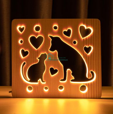 Світильник нічник ArtEco Light з дерева LED Кіт та собака, з пультом та регулюванням світла, колір теплий білий