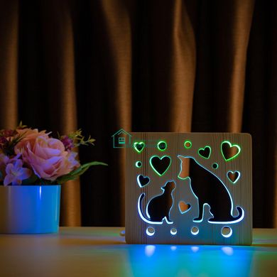 Світильник нічник ArtEco Light з дерева LED Кіт та собака, з пультом та регулюванням кольору, подвійний RGB