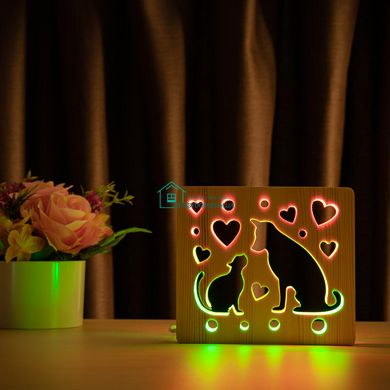 Светильник ночник ArtEco Light из дерева LED Кот и пес, с пультом и регулировкой цвета, двойной RGB