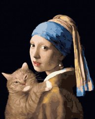 339 грн  Живопись по номерам ANG252 Картина по номерам Девушка с жемчужной серьгой с котом 40 х 50 см