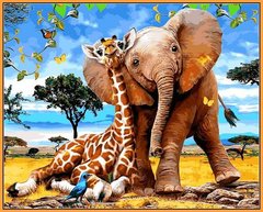 535 грн  Живопис за номерами NB1318R Набор-картина по номерам (с багетной рамкой) Слоненя і жираф