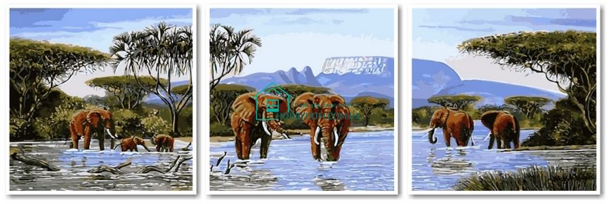 1 449 грн  Живопись по номерам VPT053 Картина по номерам Слоны на водопои Триптих 50 х 150 см