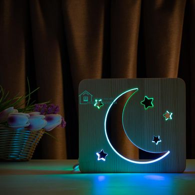 Светильник ночник ArtEco Light из дерева LED Месяц и звезды, с пультом и регулировкой цвета, двойной RGB