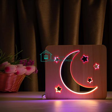 Світильник нічник ArtEco Light з дерева LED Місяць та зорі, з пультом та регулюванням кольору, подвійний RGB