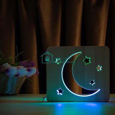 Світильник нічник ArtEco Light з дерева LED Місяць та зорі, з пультом та регулюванням кольору, подвійний RGB