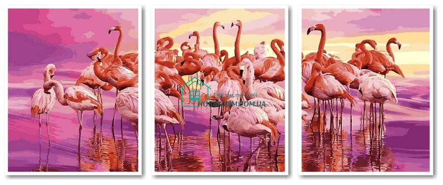 1 449 грн  Живопись по номерам VPT058 Картина по номерам Стая розовых фламинго Триптих 50 х 120 см