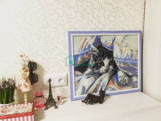 900 грн  Діамантова мозаїка DMP-143 Набір діамантового живопису на підрамнику Кішка під одіялом