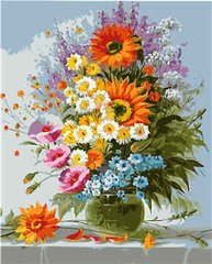 395 грн  Живопис за номерами VA-1419 Набір для розпису по номерах Букет барвистих квітів з соняшниками
