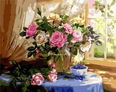 396 грн  Живопис за номерами MR-Q1433 Розмальовка за номерами Натюрморт з трояндами та чорницею худ. Жанна Когай