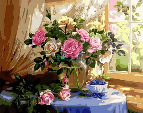 396 грн  Живопис за номерами MR-Q1433 Розмальовка за номерами Натюрморт з трояндами та чорницею худ. Жанна Когай