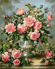 396 грн  Живопись по номерам MR-Q1117 Раскраска по номерам Розы в серебрянной вазе худ. Уильямс Альберт