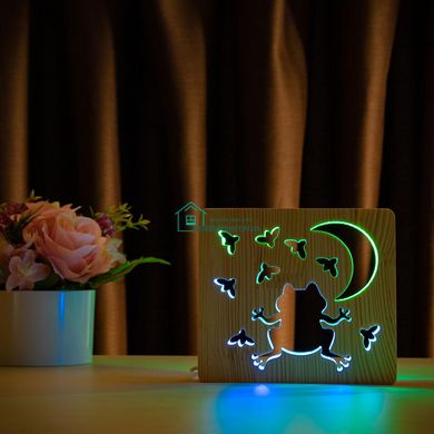 Світильник нічник ArtEco Light з дерева LED Жабка та цвіркуни, з пультом та регулюванням кольору, подвійний RGB