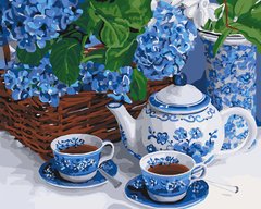 329 грн  Живопись по номерам KH5554 Картина-раскраска Чаепитие с голубым сервизом