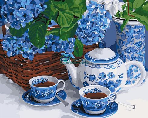 299 грн  Живопись по номерам KH5554 Картина-раскраска Чаепитие с голубым сервизом