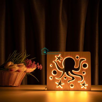 Світильник нічник ArtEco Light з дерева LED Морський восьминіг, з пультом та регулюванням світла, колір теплий білий