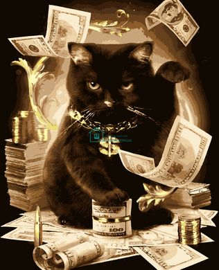 285 грн  Живопис за номерами PN5585 Картини за номерами Кіт з грошима (з золотою фарбою)