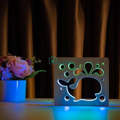 Світильник нічник ArtEco Light з дерева LED Кит, з пультом та регулюванням кольору, подвійний RGB