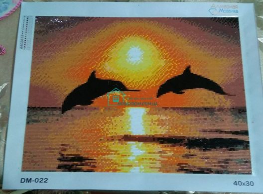 520 грн  Діамантова мозаїка DMP-022 Набір діамантового живопису на підрамнику Дельфіни на заході сонця